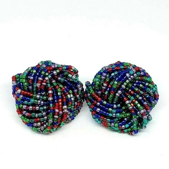 Multi-Color Seed Glass Bead Large Knot Earrings - Picture 1 of 4